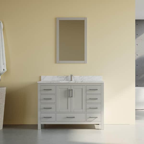 MEDUNJESS 48 in. W x 22 in. D x 35 in. H Single Sink Bath Vanity Cabinet in Gray with Cultured Marble Top and Mirror