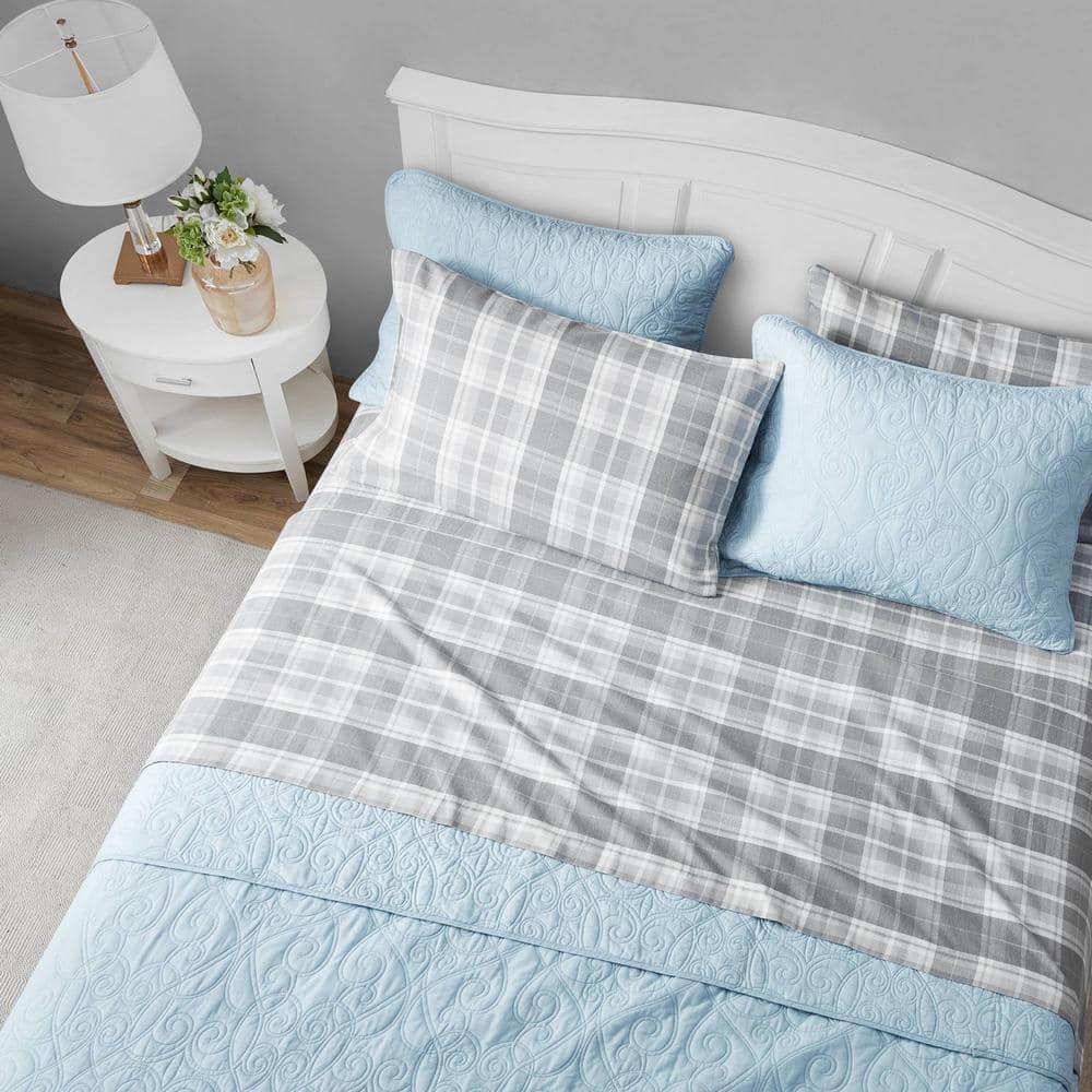 King Gray Cotton Flannel Plaid Sheet Set