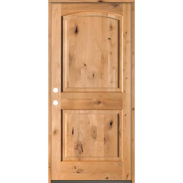 42 in. x 80 in. Rustic Knotty Alder 2-Panel Arch Top Right-Hand/Inswing BEHR Cedar Stain Wood Prehung Front Door