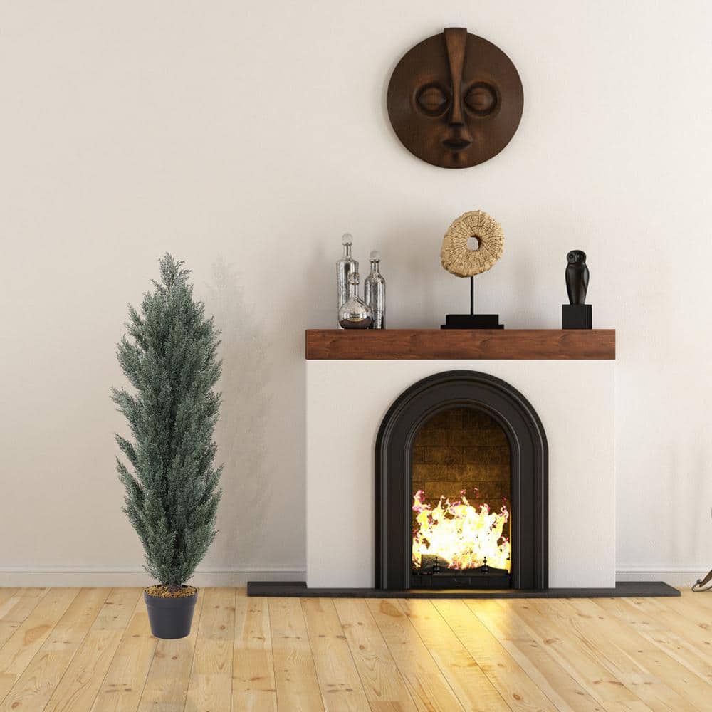 4ft Dark Green Cedar Topiary Trees in Black Cement Pots, Set of 2