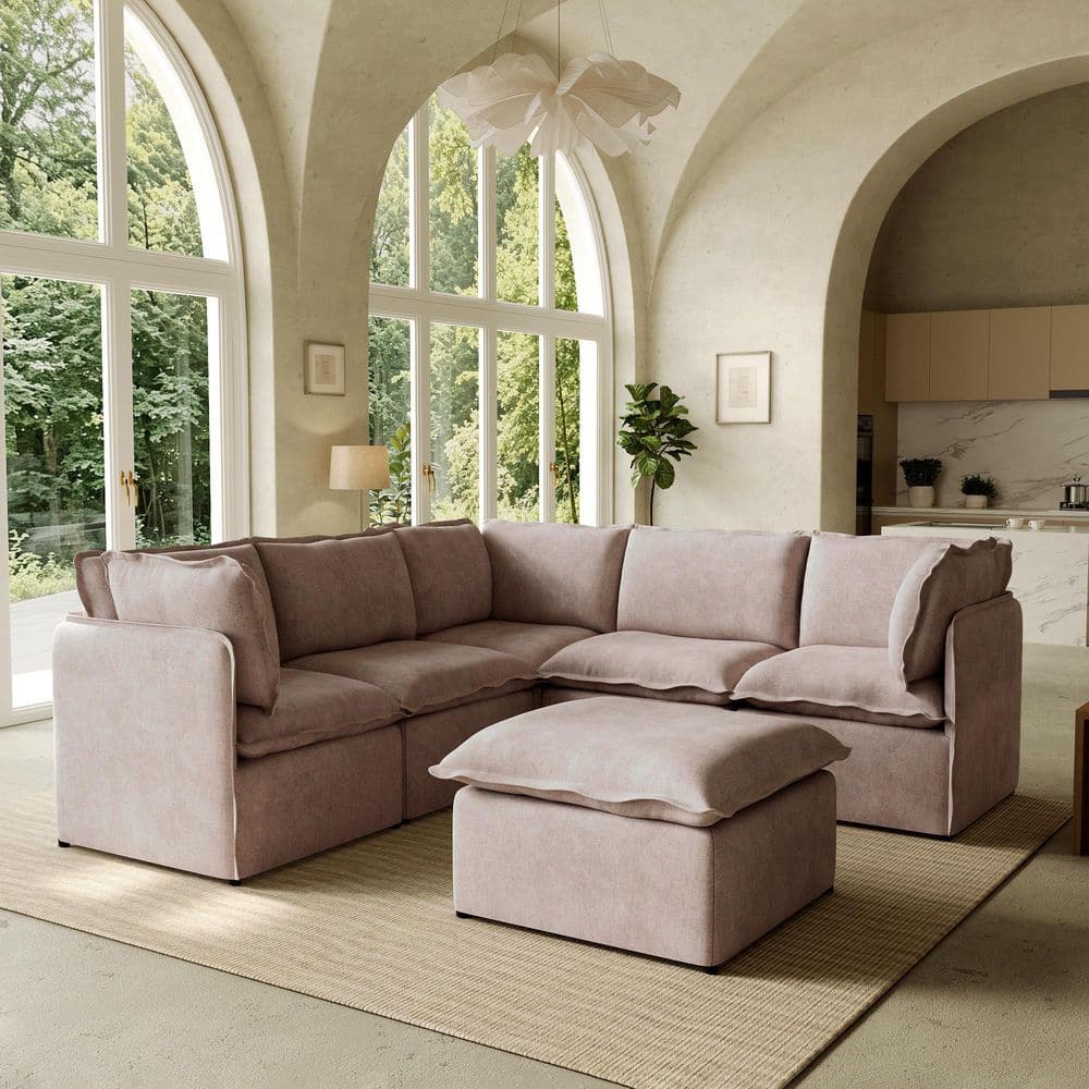 Flat-Pack Steel 96 in. 6-Piece Polyester Modular Sectional Sofa with Washable Covers and Ottoman in Ecru
