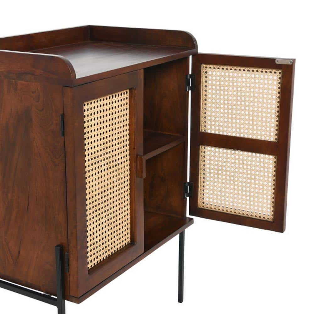 Walnut and Natural Boho Wood Bar Cabinet with Cane Doors