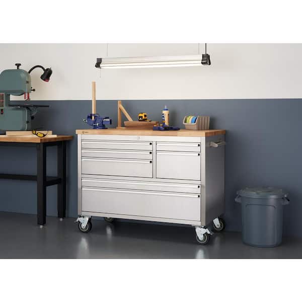 TRINITY 4 ft. 7-Drawer Stainless Steel Workbench with Storage
