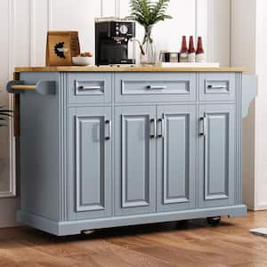 Oasis Blue Wood 54 in. Kitchen Island Rubber Wood Drop Leaf, Embossed Texture Rolling Kitchen Cart on 4-Wheels