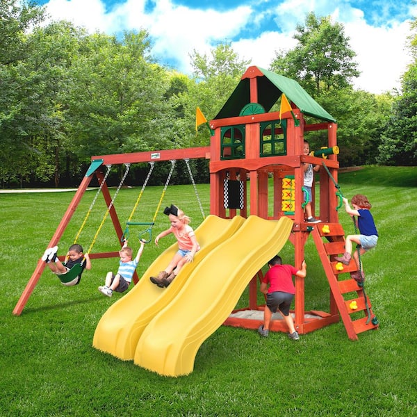Gorilla Playsets Sweetwater Deluxe Wooden Playset with Tarp Roof, Wave Slides, Rock Wall, Sandbox & Swing Set Accessories