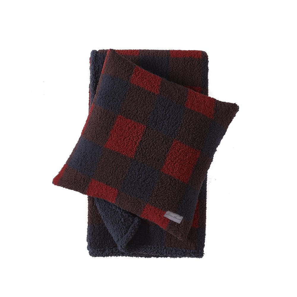 EDDIE BAUER Cabin Plaid Sherpa 2Piece Red Micorfiber Throw and Pillow
