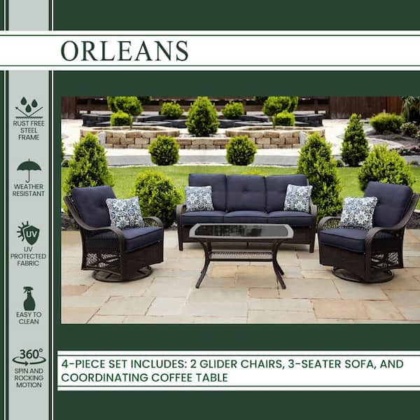 Hanover Orleans Brown 4 Piece All Weather Wicker Patio Deep Seating Set With Navy Blue Cushions Orleans4pcsw B Nvy The Home Depot