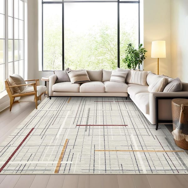 Striped Bedside Foldable Geometric Print Carpet Soft Thin Carpet Living Room Laundry Room Beige 8 ft. x 10 ft. Area Rug