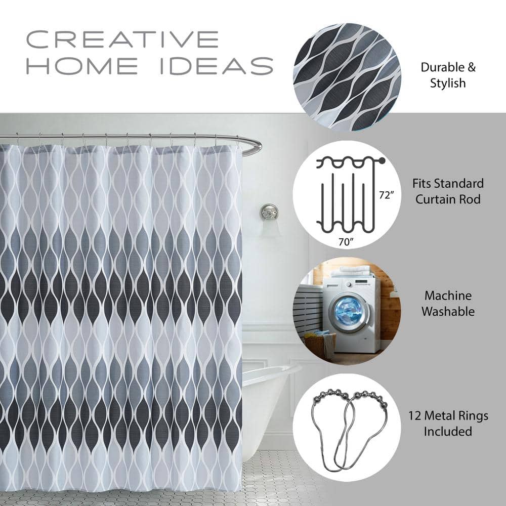 Clarisse Black and White Faux Linen Shower Curtain Set, 70" x 72"