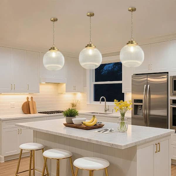 1-Light Modern Industrial Brushed Gold Globe Island Pendant Light with Clear Ribbed Glass Shade