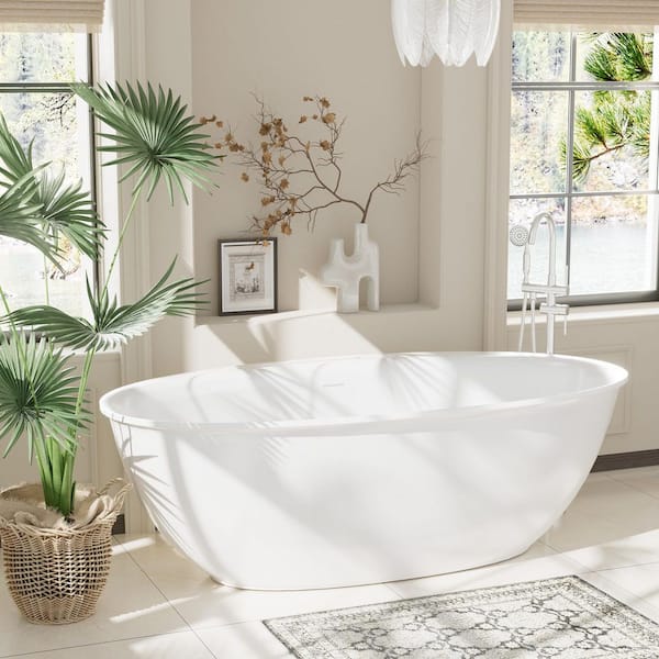 63 in. x 33 in. Solid Surface Stone Resin Freestanding Soaking Bathtub with Center Drain, Drainer, Hose in Matte White