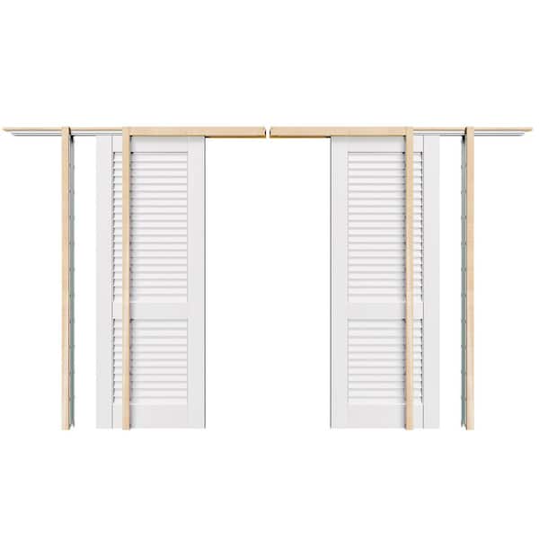 TENONER 64 in. x 80 in. White Primed Louvered Panel Solid Wood Sliding Pocket Door with Soft Close, Frame and Hardware