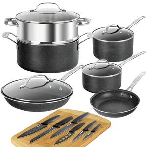 17-Piece Aluminum Ultra-Durable Nonstick Diamond Infused Knives and Cookware Set with Cutting Board