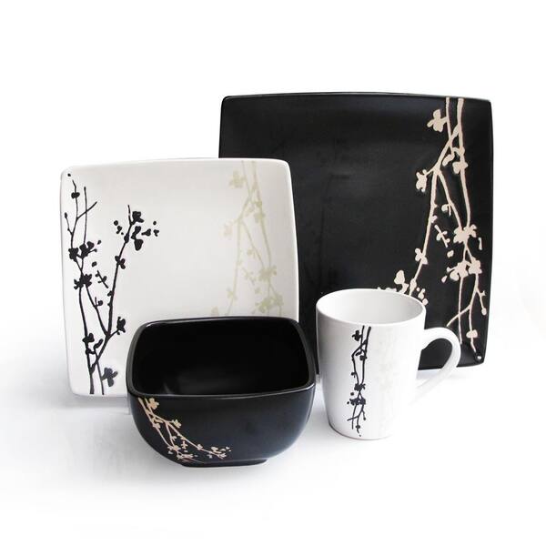 American Atelier Twilight Blossom 16-Piece Casual Black/White Stoneware Dinnerware Set (Service for 4)