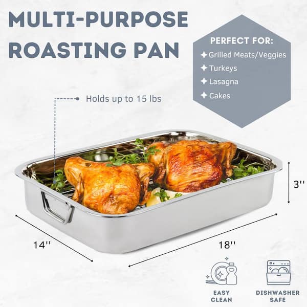 Prima 16.5 in Stainless Steel Deep Roasting Pan - Includes Basting Grill &  V-Rack