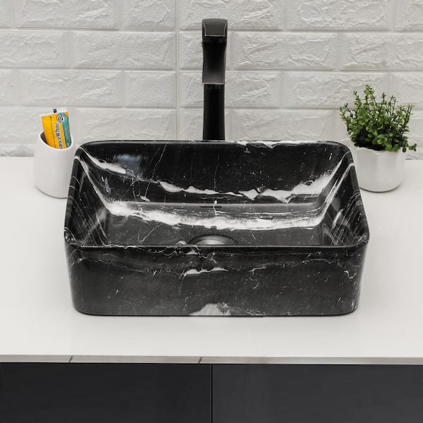19 in. x 15 in. Bathroom Black Marble Ceramic Rectangular Vessel Sink