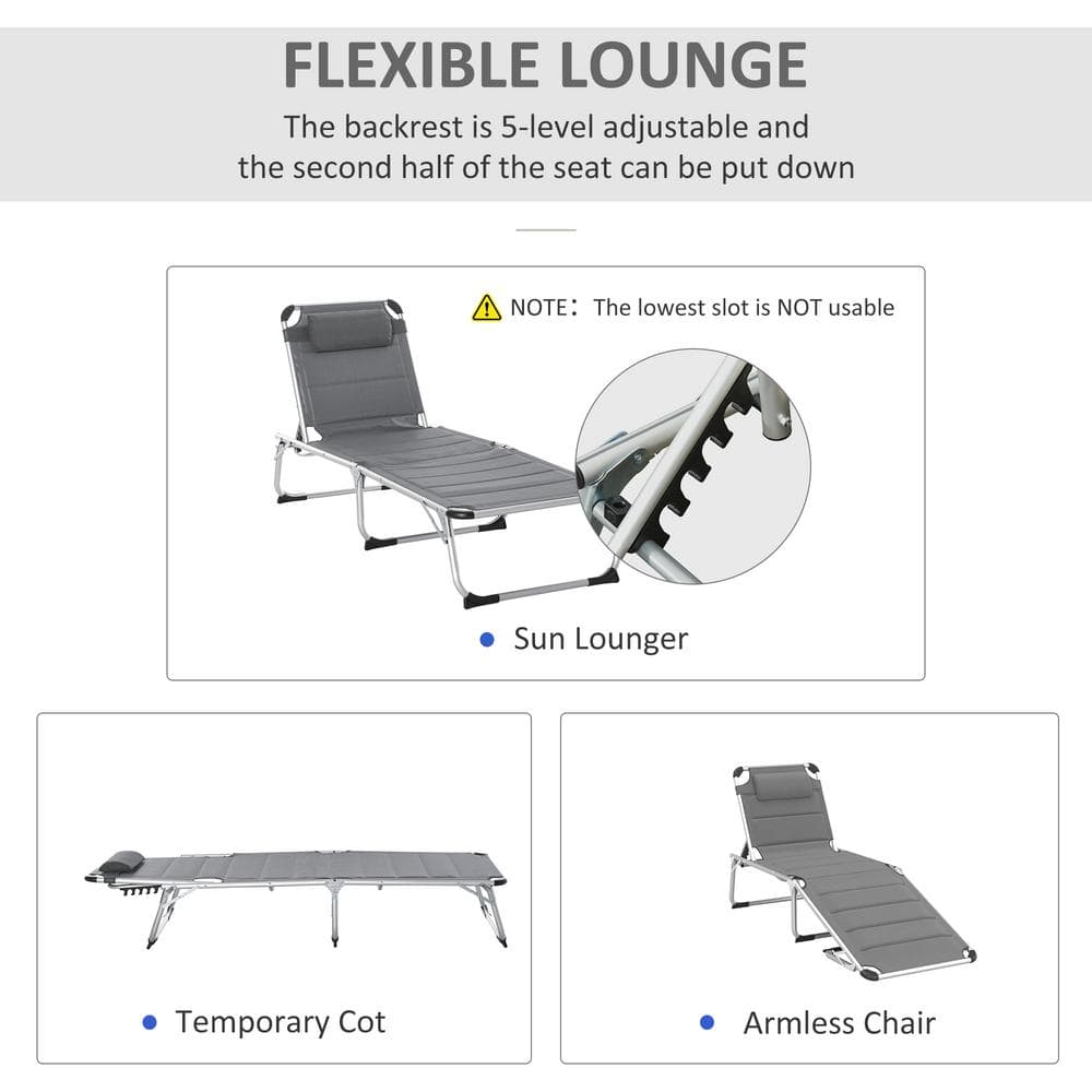 Gray Aluminum Armless Foldable Outdoor Chaise Lounge Chair