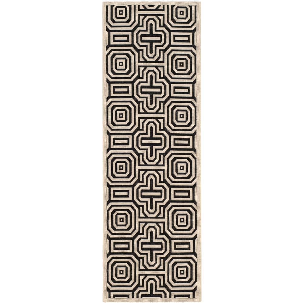 Beige and Black Geometric Flat Woven Outdoor Runner