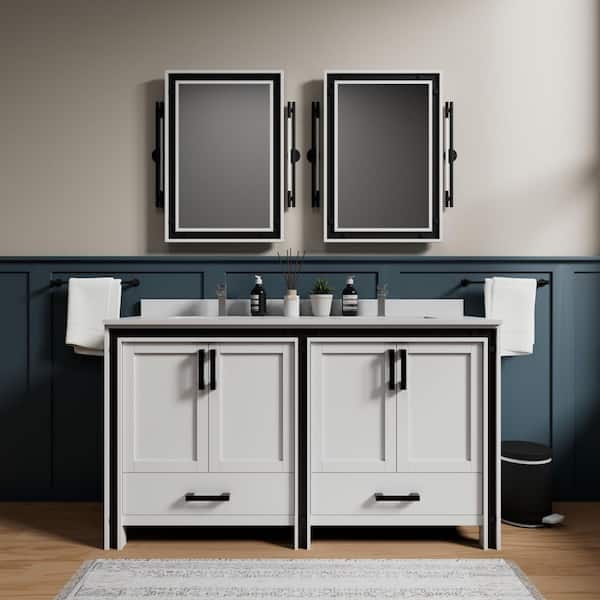 Ziva 60 in W x 22 in D White Double Bath Vanity, Cultured Marble Top and 22 in Mirrors