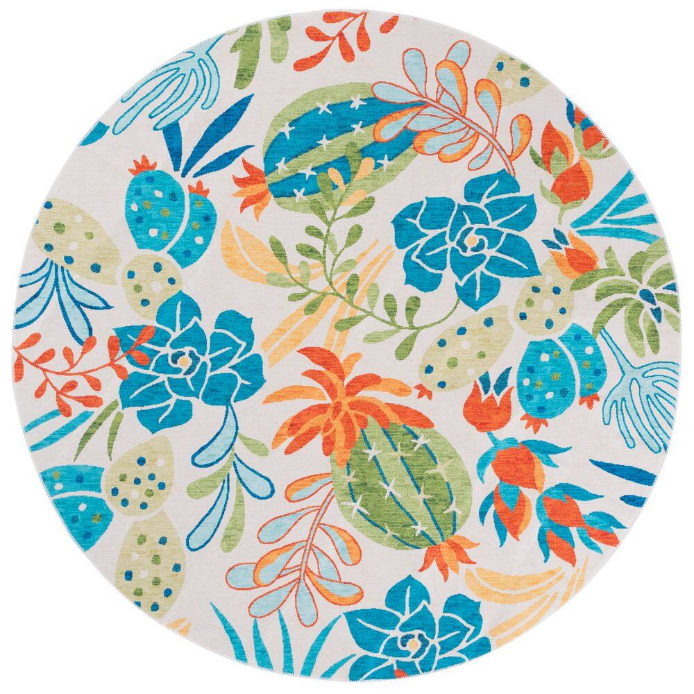 Malibu Beige/Blue 6 ft. x 6 ft. Machine Washable Floral Cactus Round Area Rug price history on PriceWatchPro