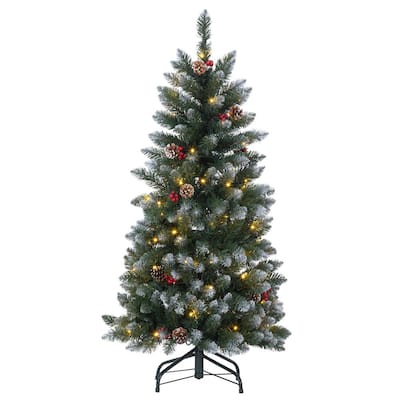 Pop-Up 4 ft. LED Flocked Green Pine Artificial Christmas Tree, 100 Warm white LED Lights, Pine Cones and Red Berries