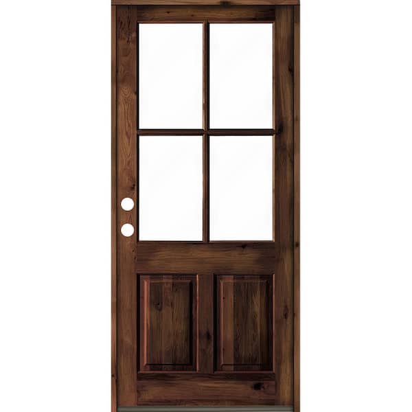 Krosswood Doors 32 in. x 96 in. Knotty Alder Right-Hand/Inswing 4-Lite Clear Glass Red Mahogany Stain Wood Prehung Front Door