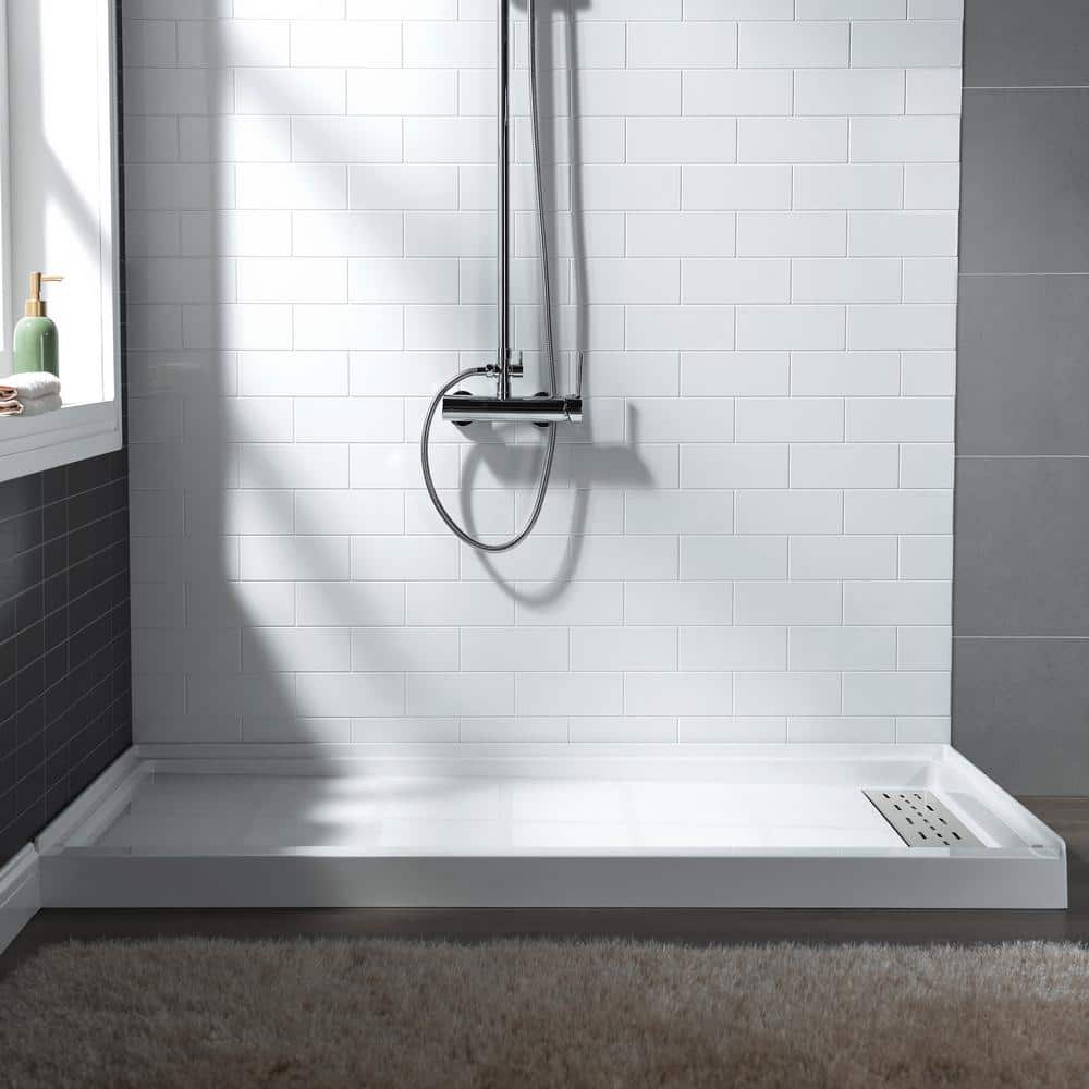 60" White Rectangular Shower Pan with Brushed Nickel Drain Cover