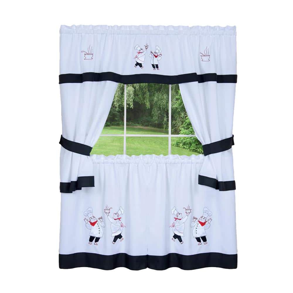 Black and White Faux Silk Embellished Kitchen Curtain Set