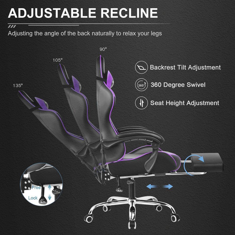 Ergonomic Black and Purple Faux Leather Gaming Chair with Footrest