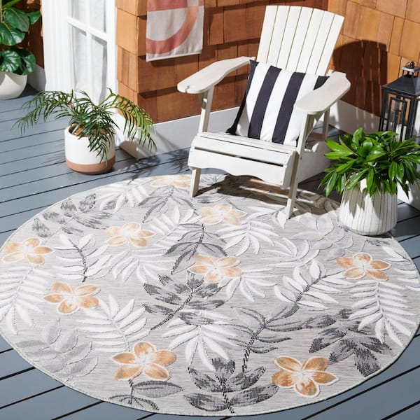 Cabana Gray/Ivory 4 ft. x 4 ft. Botanical Floral Indoor/Outdoor Round Area Rug