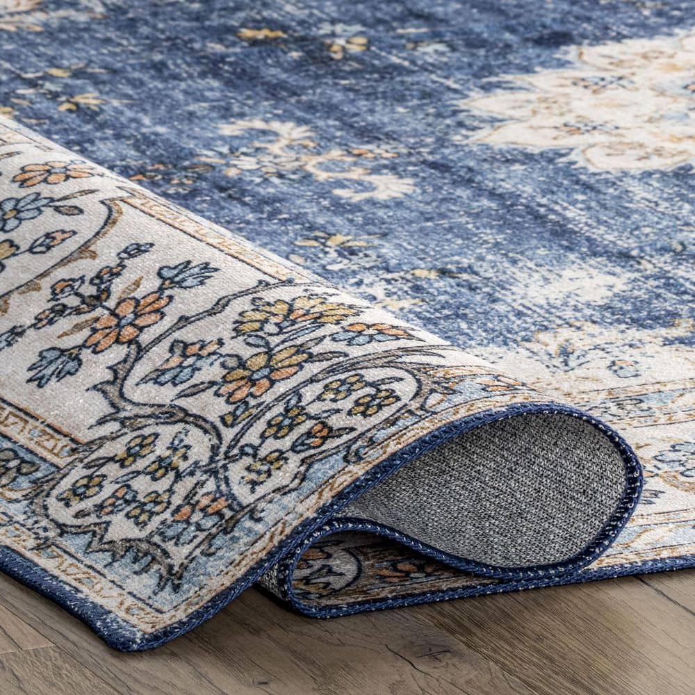 Ren Blue Vintage Floral Machine Washable Area Rug 5' x 8'