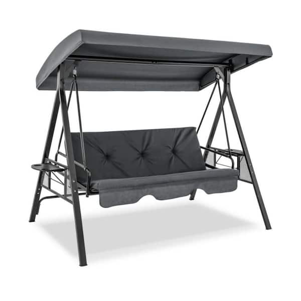 Kadehome 3-Person Patio Swing Chair to Flat Bed with Adjustable Canopy and Gray Cushions