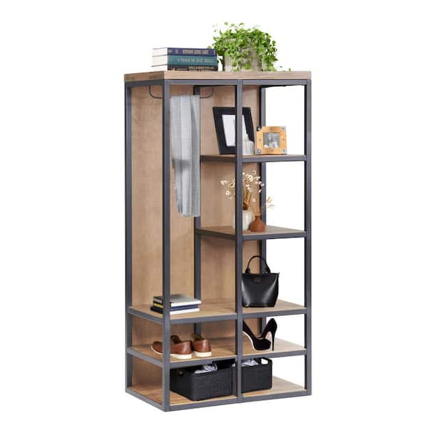 Lloyd 58 in. Industrial Hall Tree with Storage, Natural Entryway Organizer with Shelves, Metal Frame, and Hanging Bar