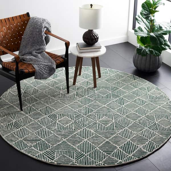 Abstract 8 ft. x 8 ft. Round Dark Green/Ivory Diamond Geometric Area Rug