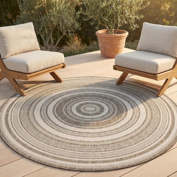 Recife Gazebo Stripe 8 ft. Round Ivory-Taupe Indoor/Outdoor Area Rug
