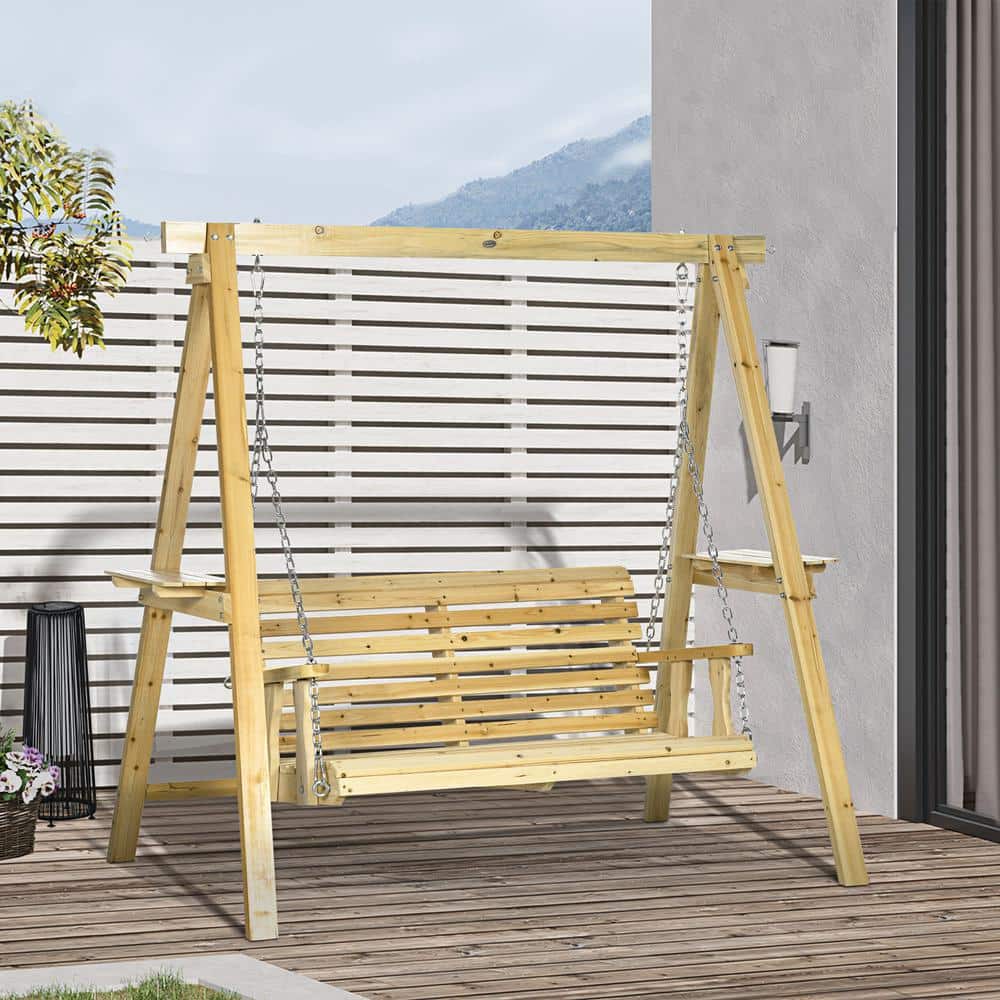 Spacious Two-Person Outdoor Swing Chair with Side Tables in Natural Fir