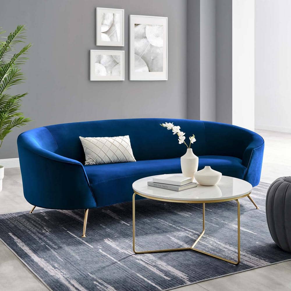 Navy Velvet Curved Sofa with Gold Legs and Sloped Arms