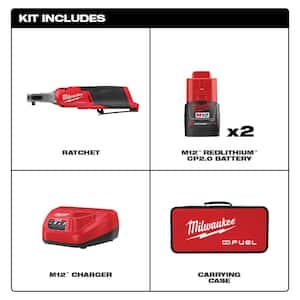 M12 FUEL 12V Li-Ion Brushless Cordless High Speed 1/4 in. Cordless Ratchet Kit w/(2) Batteries, Charger & 5.0 Ah Battery