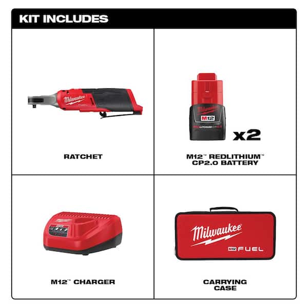 M12 FUEL 12V Li-Ion Brushless High Speed 1/4 in. Cordless Ratchet Kit w/(2) Batteries, Charger, Bag & Metric Socket Set