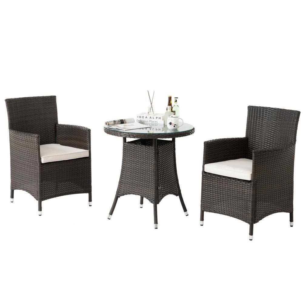 3-Piece Wicker Outdoor Dining Set, Patio Dining Table and Chairs with Beige