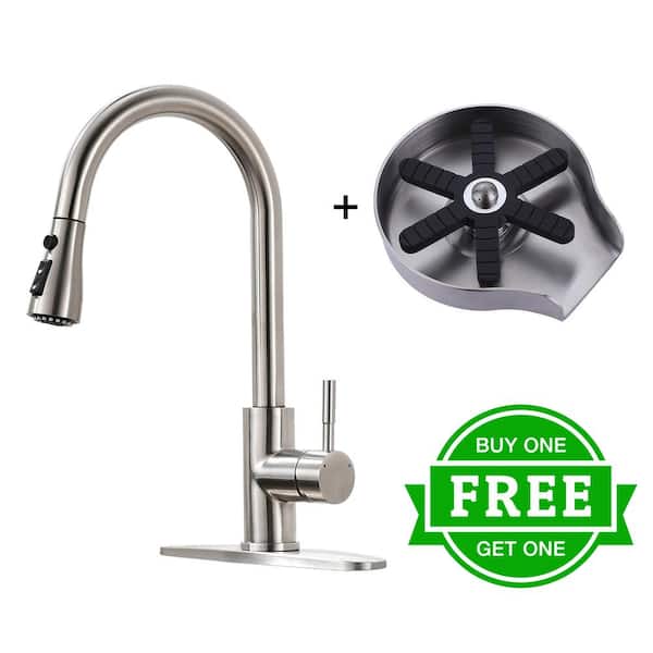 BWE Single Handle Pull-Down Sprayer Kitchen Faucet Bundle Glass Rinser in Brushed Nickel