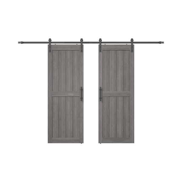 SANDING 60 in. x 84 in. Gray MDF Sliding Barn Door with Hardware Kit, Covered with Water-Proof PVC Surface, H-Frame