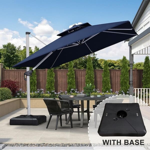 10 ft. Square High-Quality Aluminum Cantilever Polyester Outdoor Patio Umbrella with Stand, Navy Blue