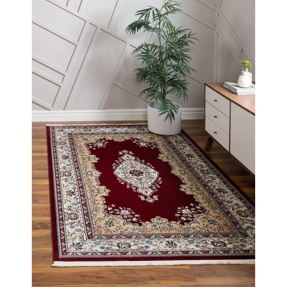 Burgundy and Cream 8' x 10' Synthetic Traditional Area Rug