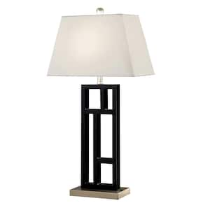 Perry Modern 31 in. Black and Brushed Steel Geometric-Sculptured Metal Table Lamp with Empire Shade