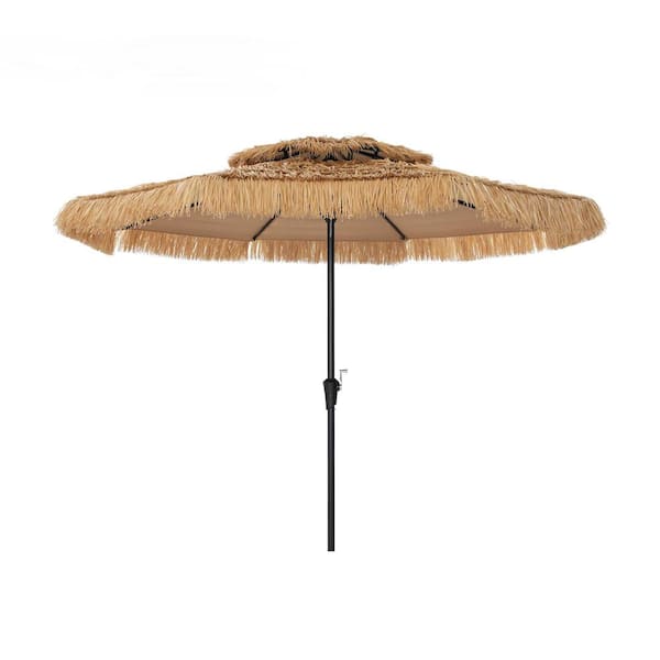 9 ft. Thatched Tiki Beach Umbrella 2-Tier Patio Umbrella with Crank in Natural Color