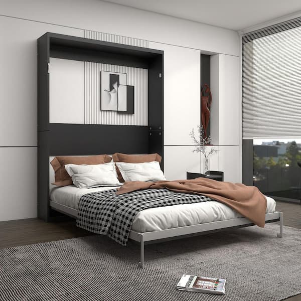 Modern Black Wood Frame Queen Size Murphy Bed with Wall Bed, Space-saving Furniture Bed