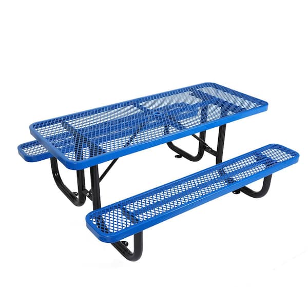 Oyezvary 72.2 in. Blue Finish Rectangular Carbon Steel Picnic Table 6-Seatign Capacity with Umbrella Hole