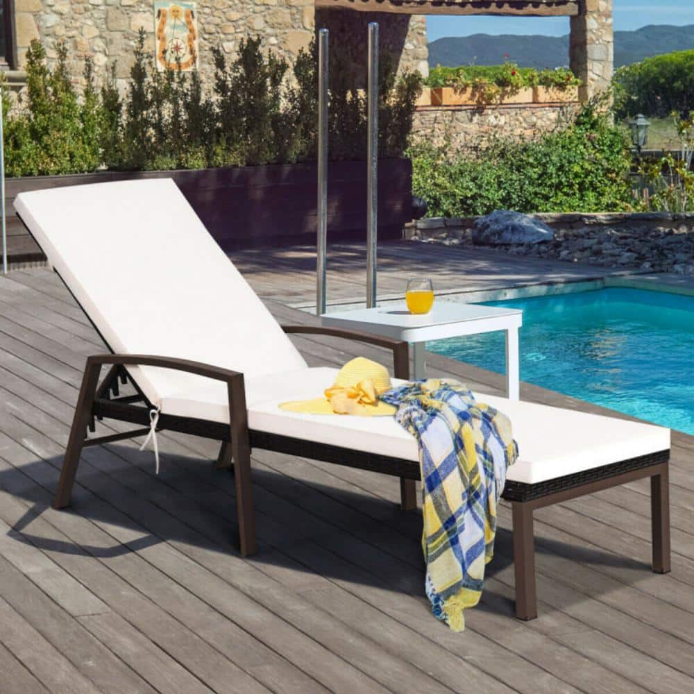 Beige Steel and Rattan Outdoor Chaise Lounge with Cushions