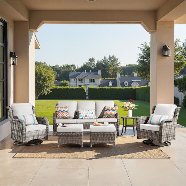 Clario 6-Piece Wicker Patio Sectional Conversation Set with Gray Cushion and 360° Rocking Swivel Chair for Backyard